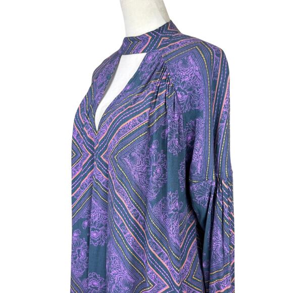 Free People Walking On A Dream Blue Purple Floral Diamond Oversized Tunic Top - Picture 7 of 13